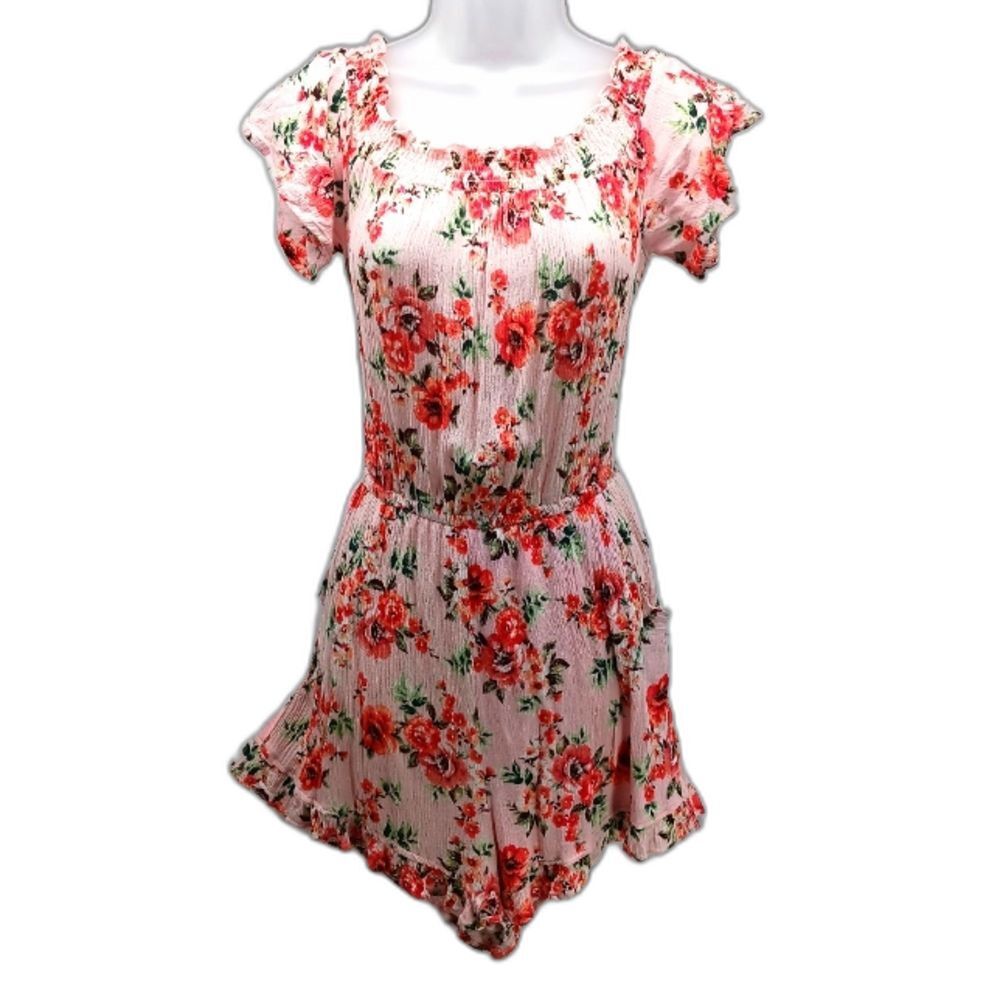 Bongo Floral Romper Smock Neckline+Waist 2 Pocket 100% Rayon Women's Large. Pink